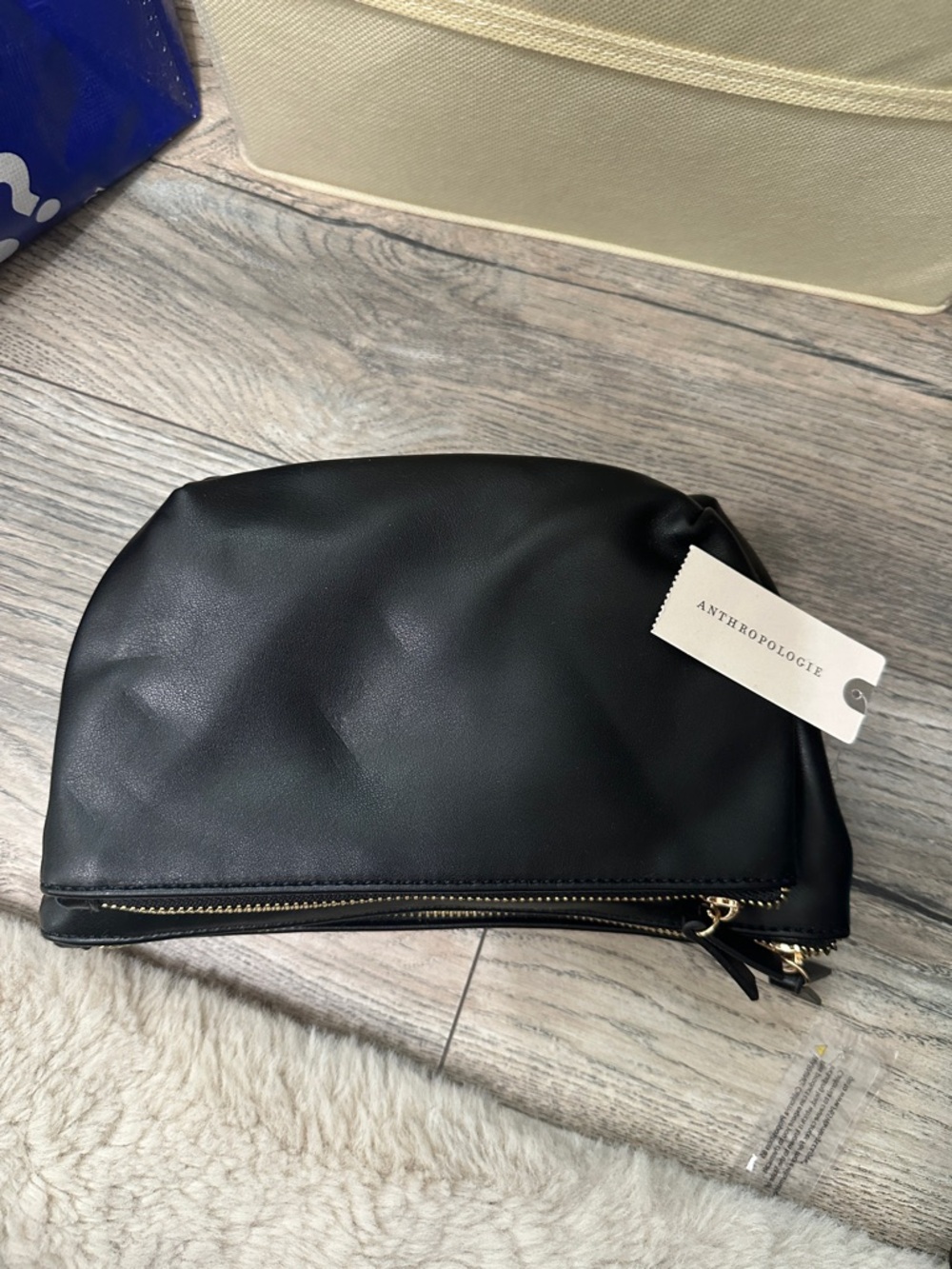 Anthropologie Black Faux Leather Zip Cosmetic Pouch with Gold Hardware